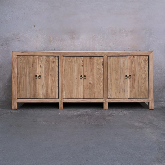 Linear 6 Door Cabinet, Natural, 220 cm, front view against a plaster wall