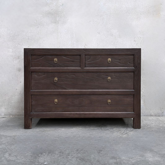 Linear 4 Drawer Chest Cabinet, Cacao, 116 cm, front view against a plaster wall