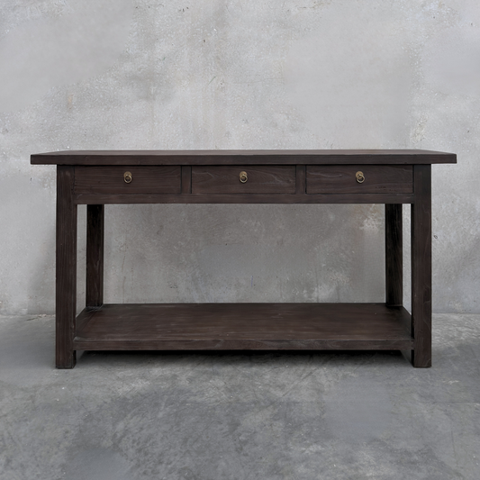 Heritage 3 Drawer Console, Cacao, 170 cm, front view against a plaster wall