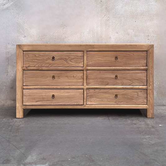 Linear 6 Drawer Cabinet, Oat, 160 cm, front view against a plaster wall