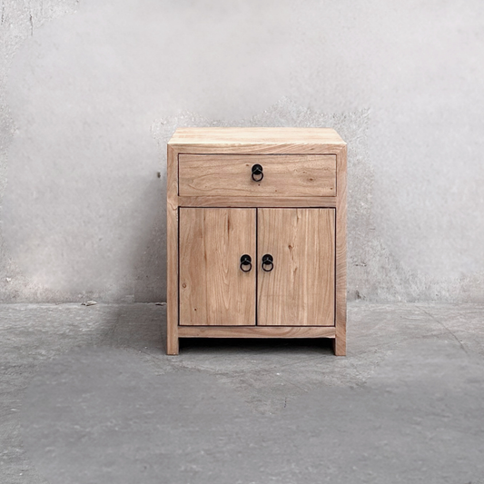 Linear 1 Drawer 2 Door Bedside, Natural, 50 cm, front view against a plaster wall