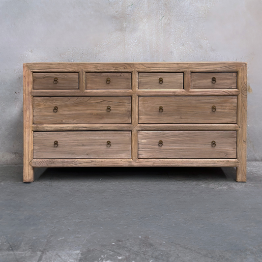 Linear 8 Drawer Chest Cabinet, Oat, 160 cm, front view against a plaster wall