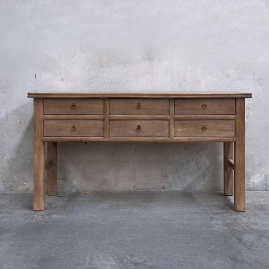 Heritage 6 Drawer Console, Oat, 160 cm, front view against a plaster wall