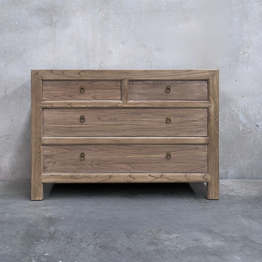 Linear 4 Drawer Chest Cabinet, Oat, 116 cm, front view against a plaster wall