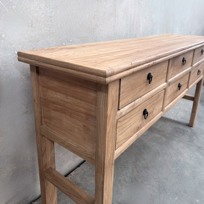 Heritage 6 Drawer Console, Natural, 160 cm, angled top and drawer view