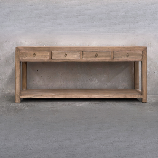 Linear 4 Drawer Console, Oat, 200 cm, front view against a plaster wall