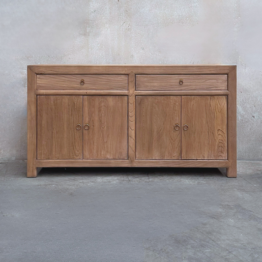 Linear 2 Drawer 4 Door Cabinet, Oat, 160 cm, front view against a plaster wall