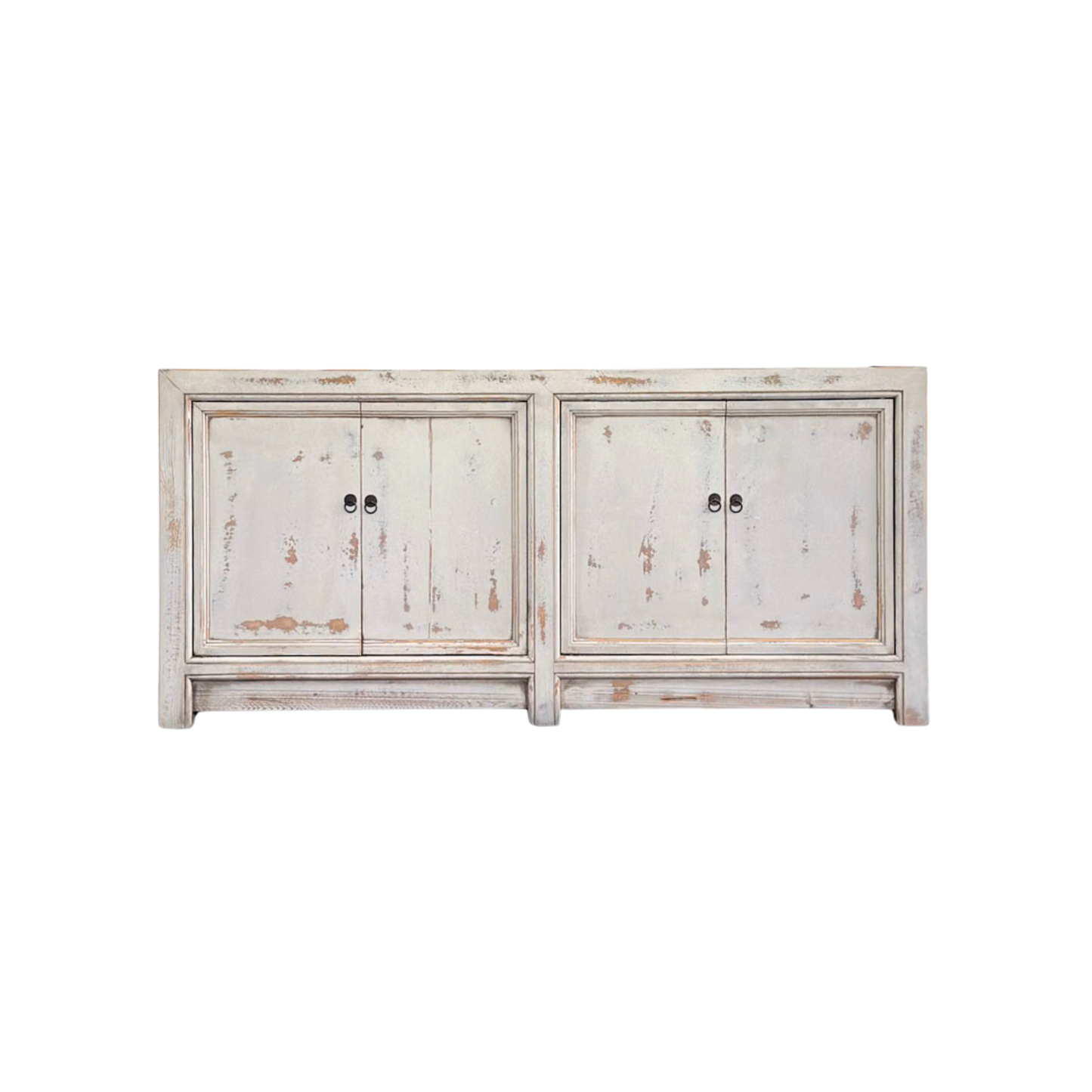 White distressed wooden cabinet with two doors on a white background