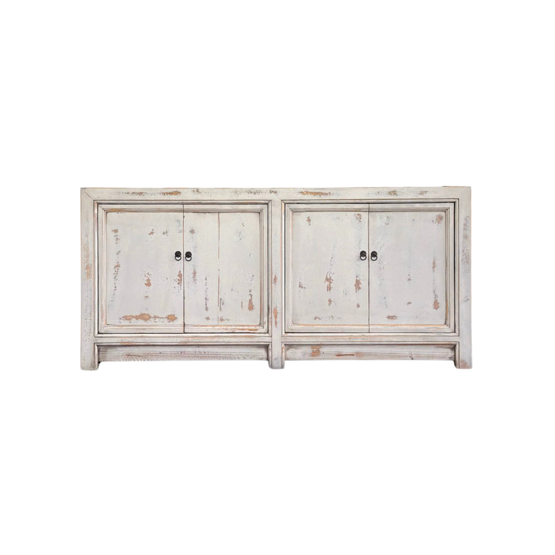 White distressed wooden cabinet with two doors on a white background