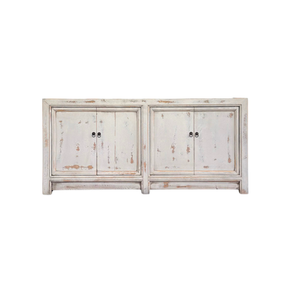 White distressed wooden cabinet with two doors on a white background