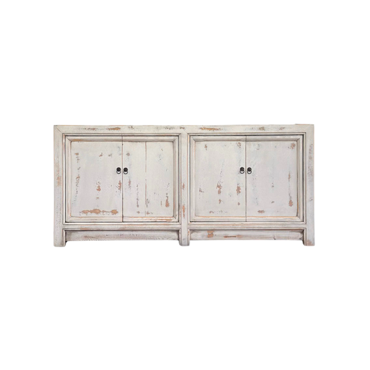 White distressed wooden cabinet with two doors on a white background