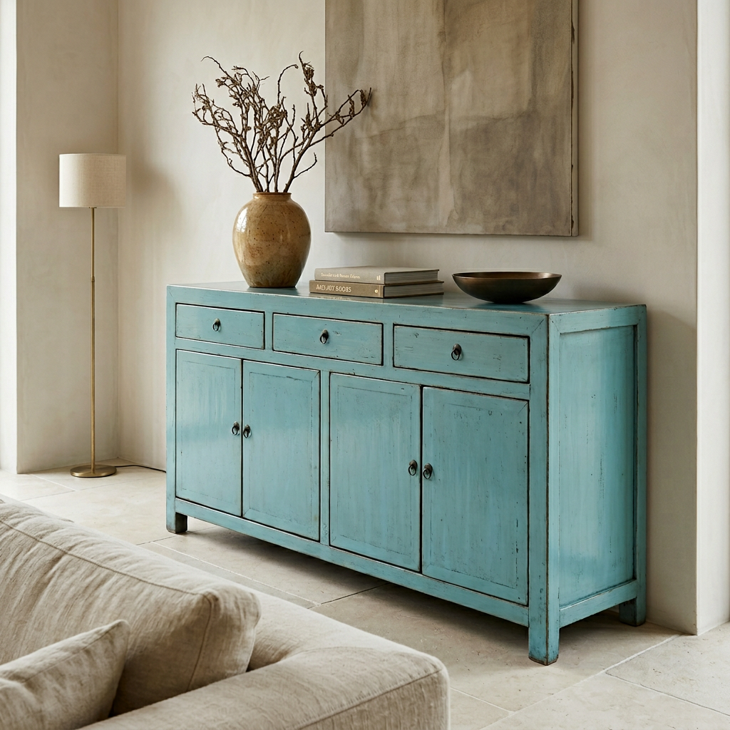 Linear 3 Drawer 4 Door Teal Cabinet | Lacquered | 165 cm