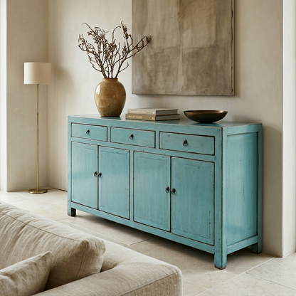 Linear 3 Drawer 4 Door Teal Cabinet | Lacquered | 165 cm