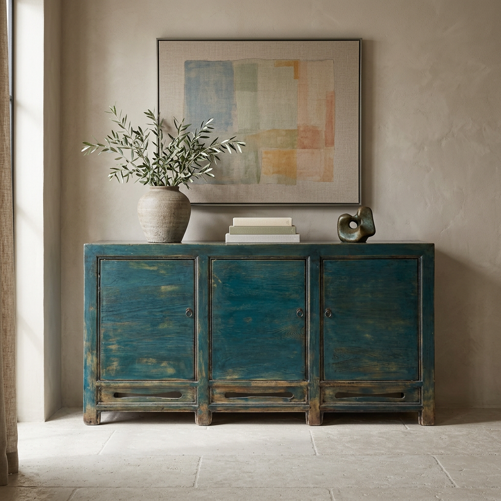 Blue 3 Door Carved Cabinet | Lacquered | 170 cm