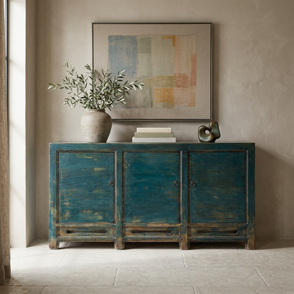 Blue 3 Door Carved Cabinet | Lacquered | 170 cm