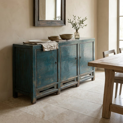 Blue 3 Door Carved Cabinet | Lacquered | 170 cm
