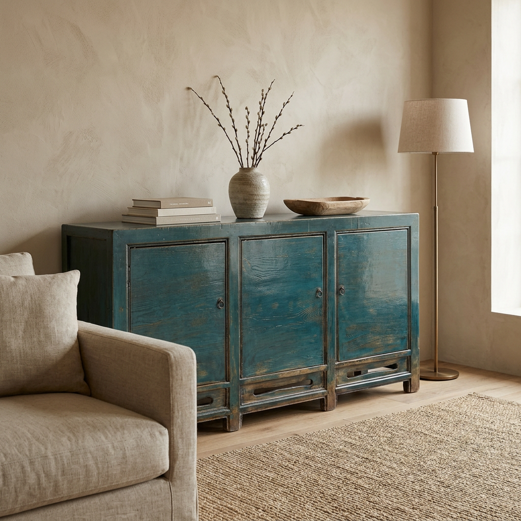 Blue 3 Door Carved Cabinet | Lacquered | 170 cm