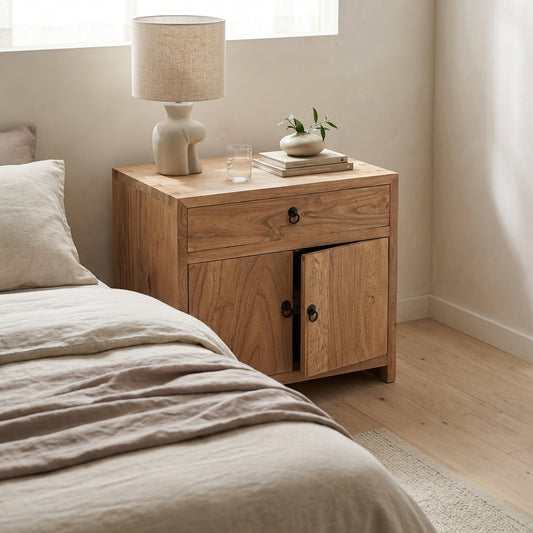 Linear 1 Drawer 2 Door Bedside | Natural | 70 cm